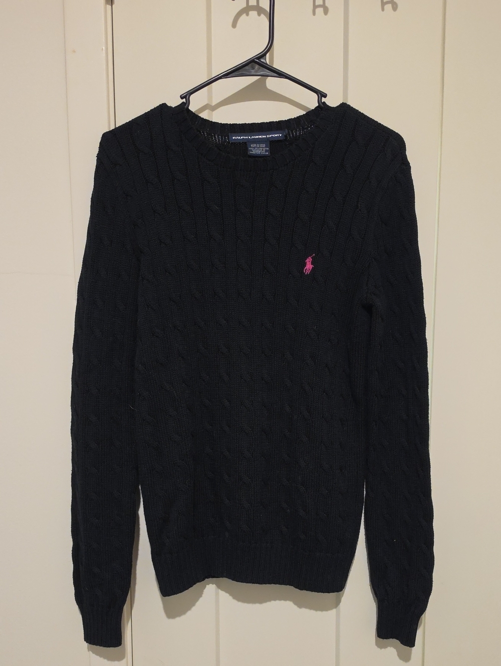 Ralph Lauren Black Cable-Knit Crewneck with Pink Polo Pony